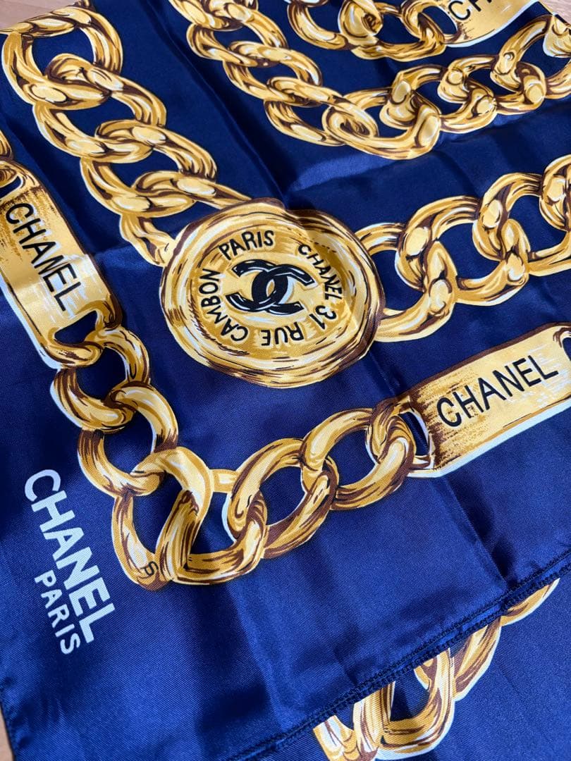 CHANEL チェーン柄 スカーフ ネイビー