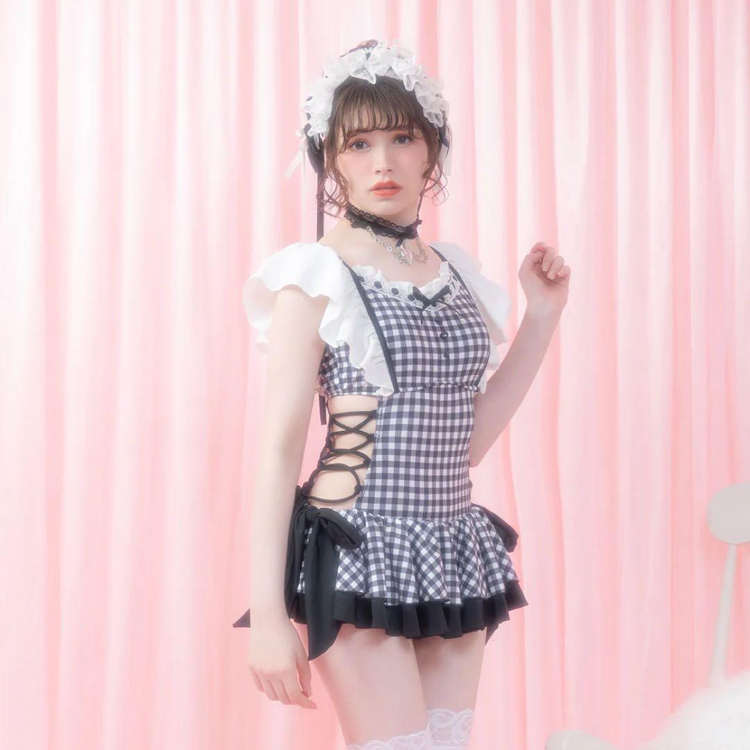 DearMyLove サイドレースアップフリルワンピース水着 黒ギンガムチェック