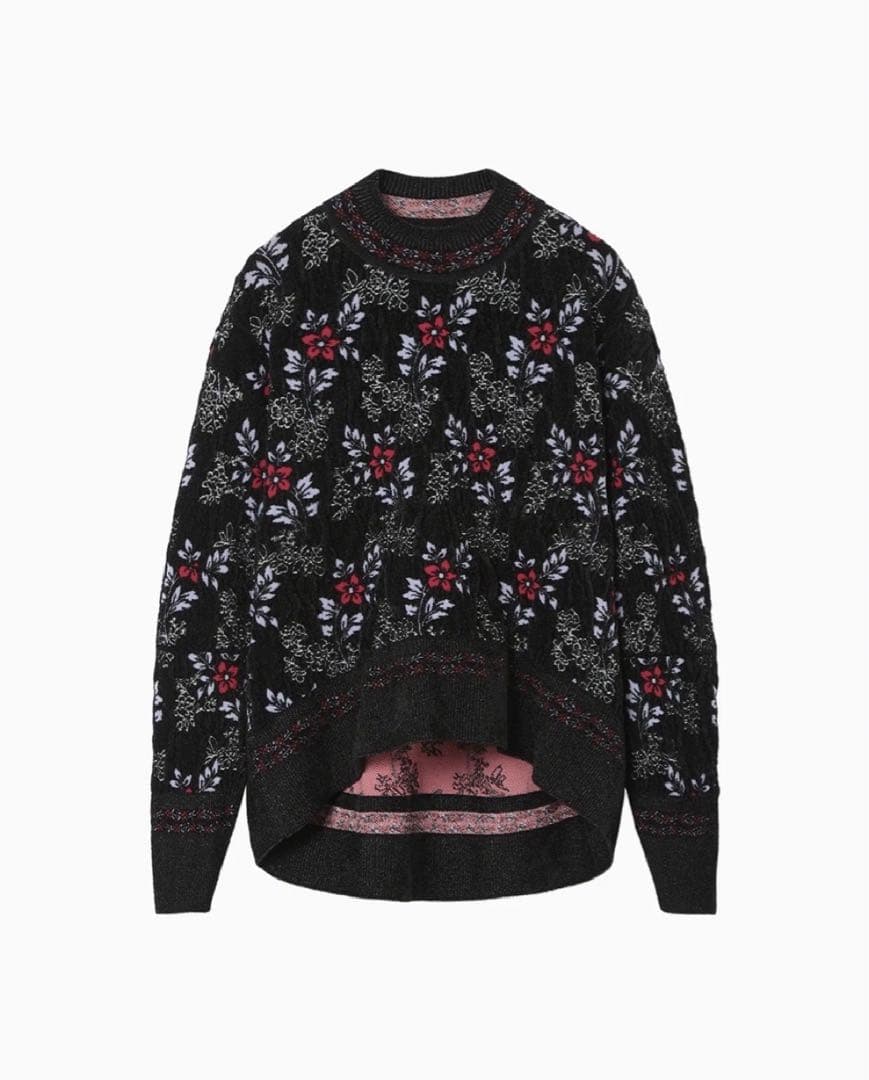 マメクロゴウチ　フローラルモチーフニット　ブラック　1 mame