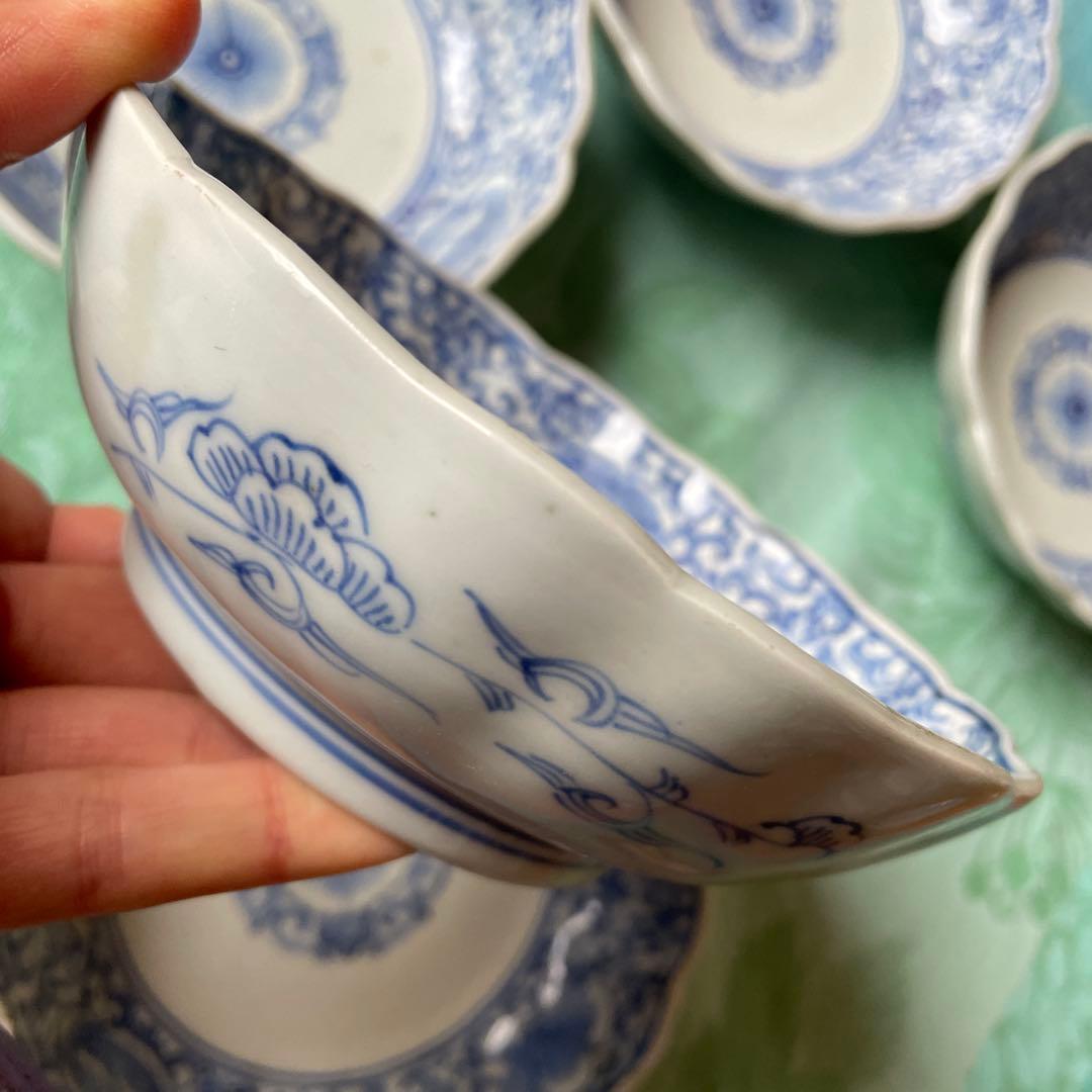 古伊万里　染付　唐草　牡丹　膾皿　5客