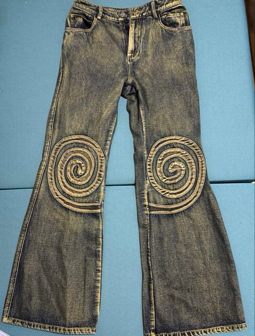 YUEQI QI スワール刺繍 フレアパンツ　デニム