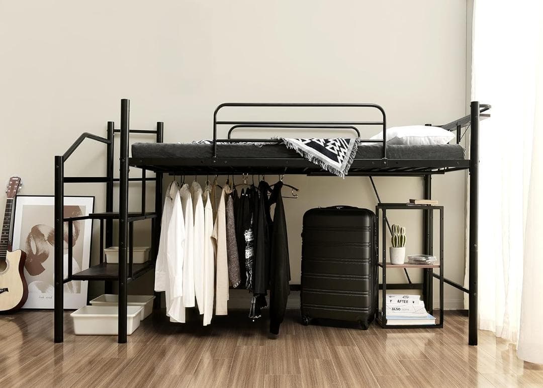 ロフトベッド 宮棚 パイプベッド 階段 耐荷重150kg セミダブル(ブラック)