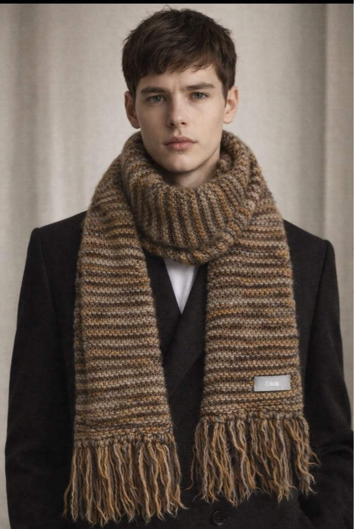Dior ブラウン系 ニットマフラー フリンジ付き