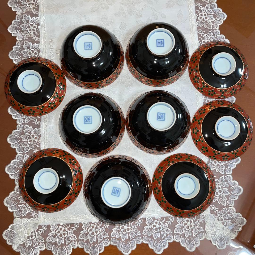 京焼 清水焼 貴古窯 黒袖立地梅花紋 金彩 飯碗碗 5客セット 未使用