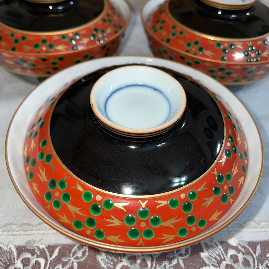 京焼 清水焼 貴古窯 黒袖立地梅花紋 金彩 飯碗碗 5客セット 未使用