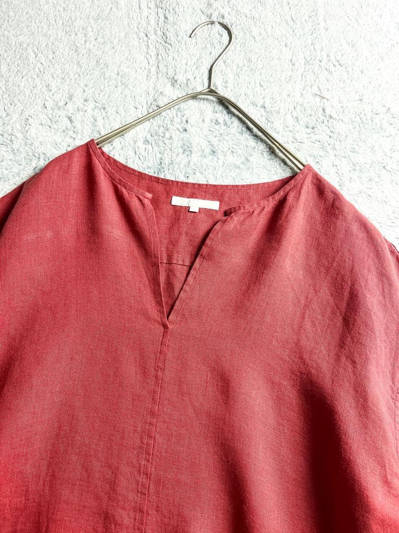 【23区】LIBECO 麻100% キーネックフレンチスリーブブラウス 赤 38