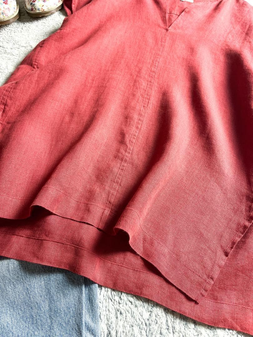 【23区】LIBECO 麻100% キーネックフレンチスリーブブラウス 赤 38