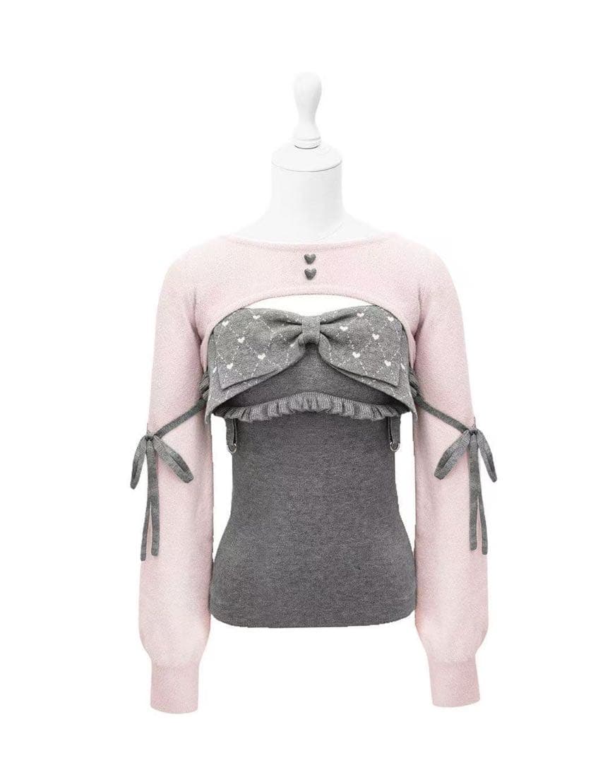 値下　HONEYMEW ビッグリボンガーター風アンサンブルトップス XS サイズ