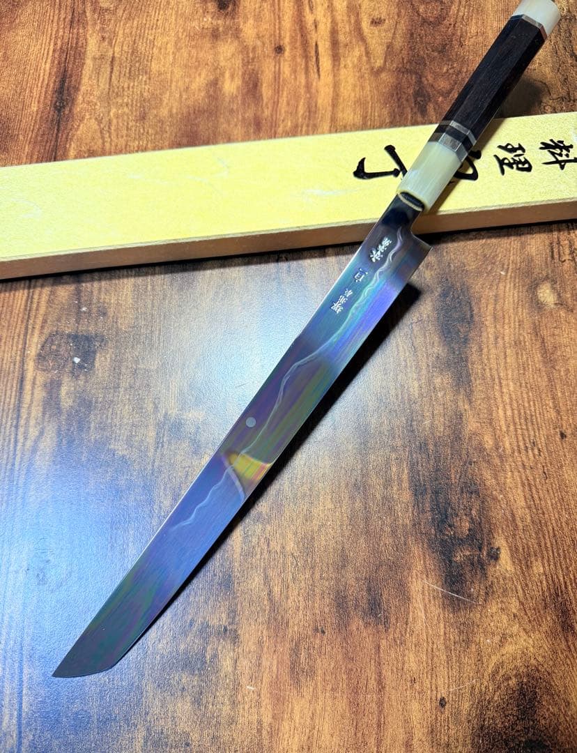 池田美和　蛸引 先丸　水本焼　白一鋼　富士山 全鏡面 尺　黒檀白水牛八角柄