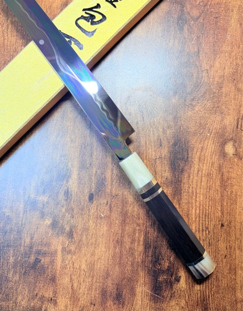 池田美和　蛸引 先丸　水本焼　白一鋼　富士山 全鏡面 尺　黒檀白水牛八角柄