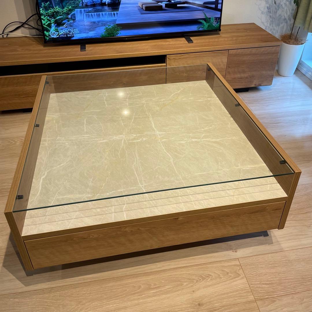 【6月中】lowya 木製センターテーブル ガラス天板 ストーン調 [幅84]