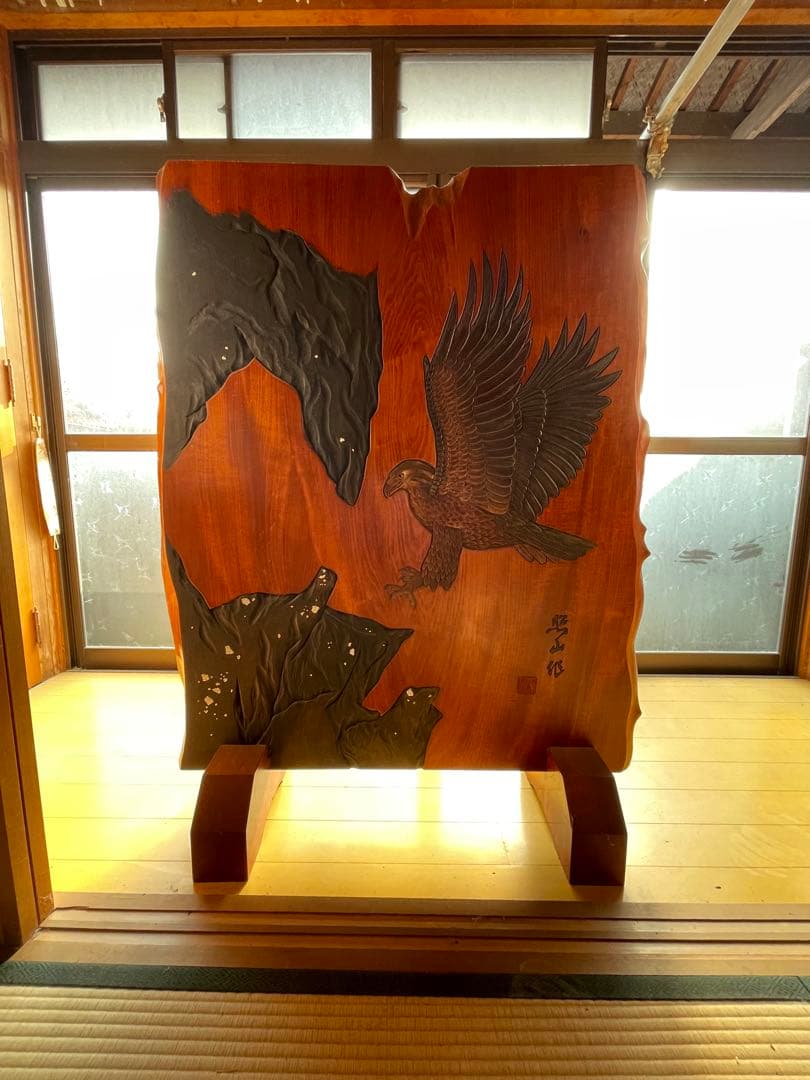 木製彫刻パーテーション 鷹と花　　衝立　アンティーク