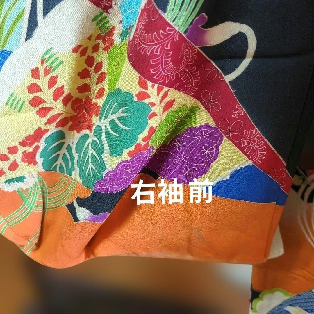 さ*）様 アンティーク　黒振袖　縮緬　５文　　比翼 共八掛　成人式　舞台