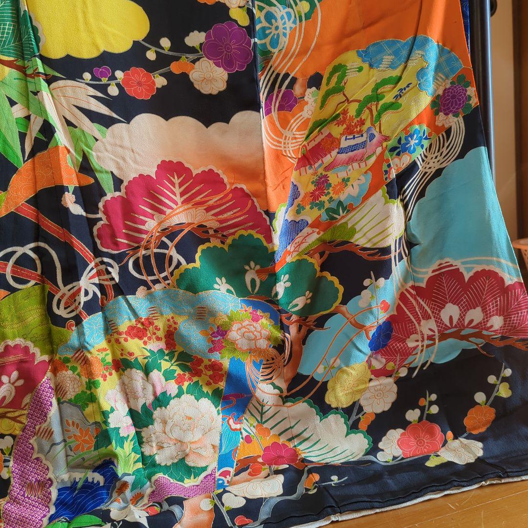 さ*）様 アンティーク　黒振袖　縮緬　５文　　比翼 共八掛　成人式　舞台