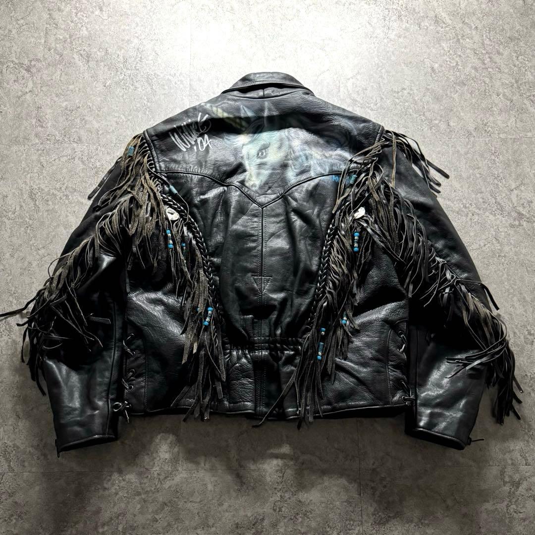 【希少】ライダースジャケット　L フリンジ　ギミック　ペイント　コンチョ　レザー