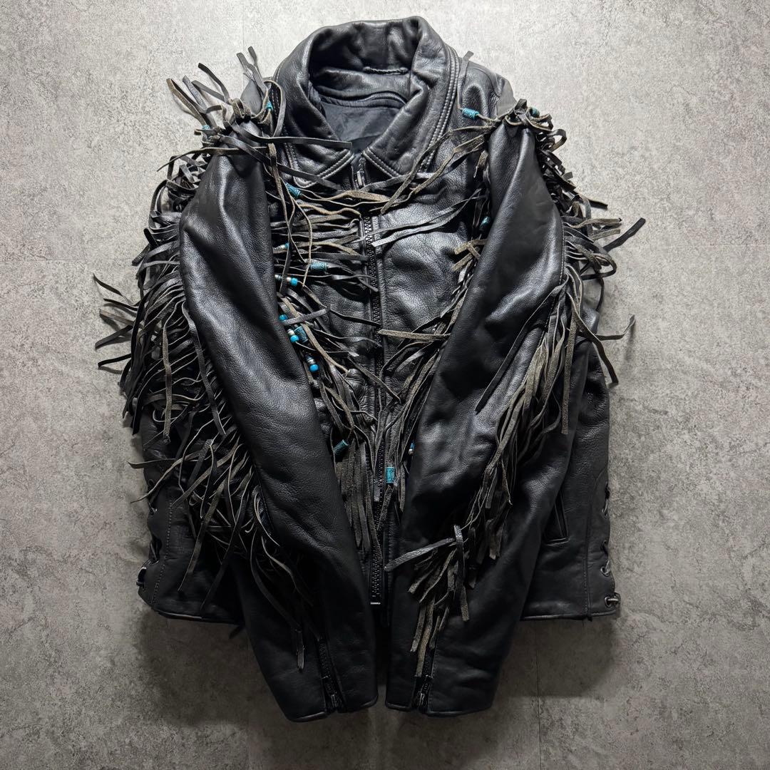 【希少】ライダースジャケット　L フリンジ　ギミック　ペイント　コンチョ　レザー