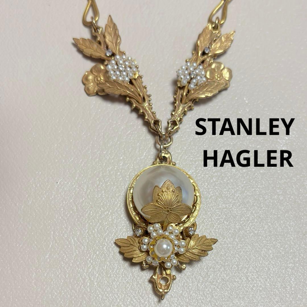 希少◇美品◇STANLEY HAGLER◇花模様パールネックレス◇ゴールド