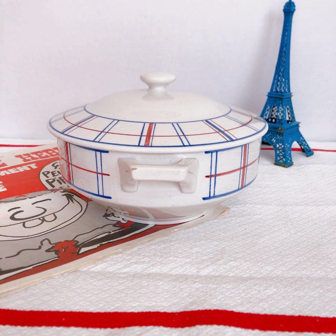 リュネビル バスク柄スーピエール　トリコロールカラー　フランスアンティーク食器