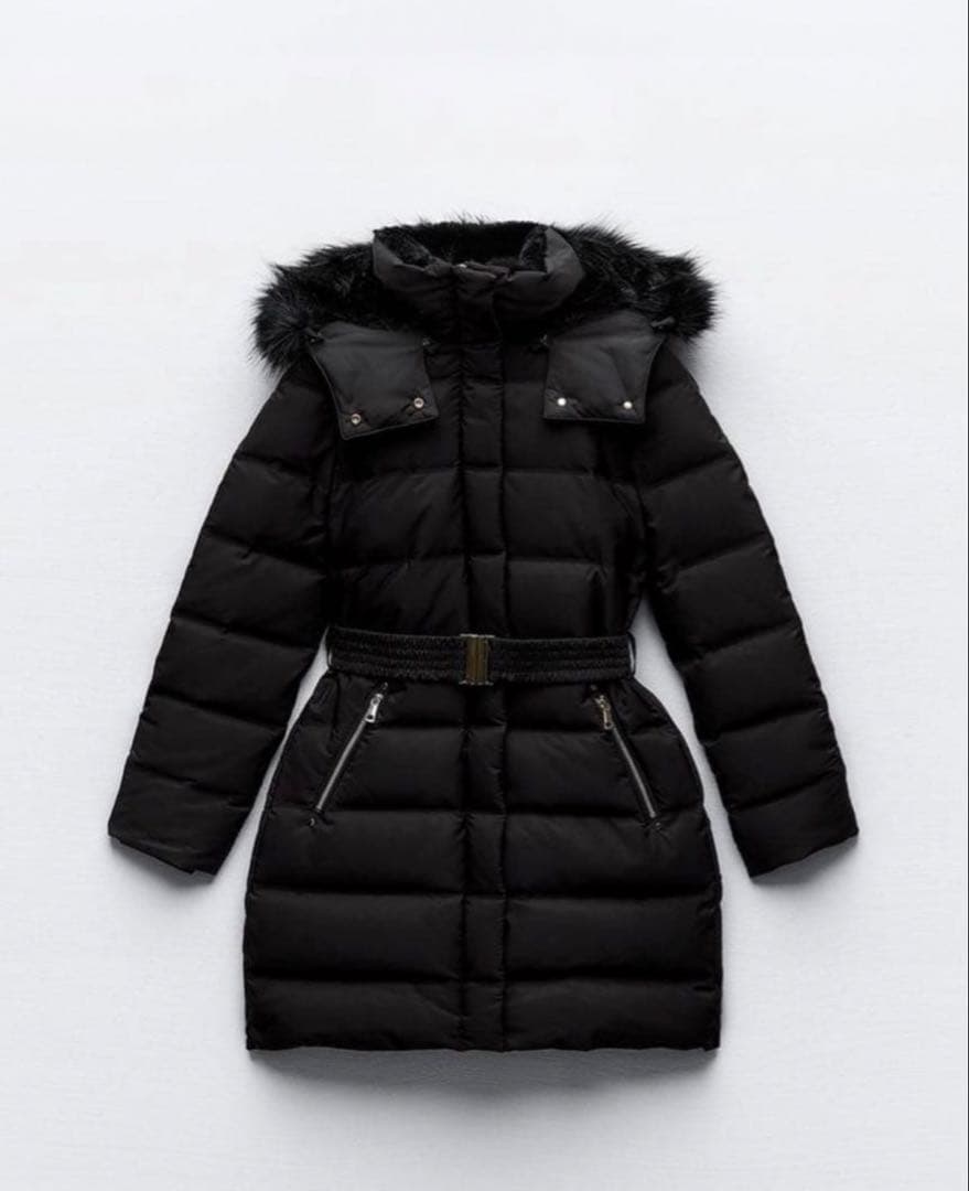 【ZARA】ブラックダウンジャケット セミロング丈 Mサイズ ベルト取り外し可