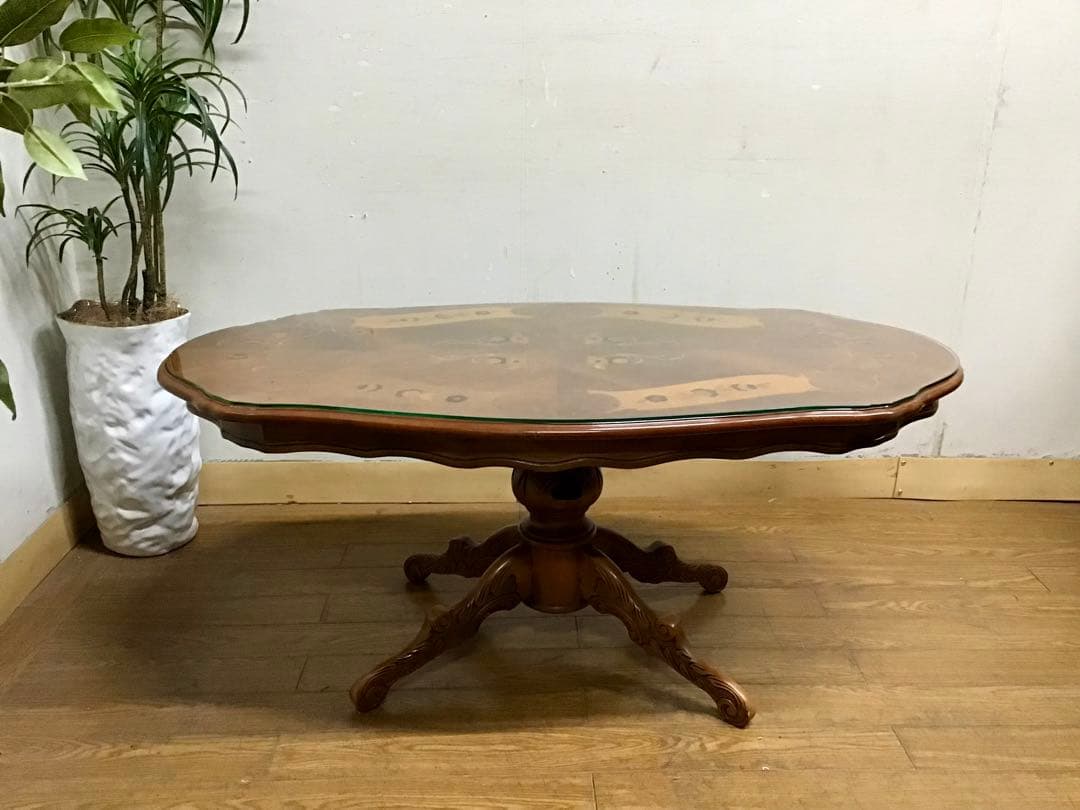 管289☆イタリア製☆アンティーク☆象嵌細工☆センターテーブル☆天板ガラス付き