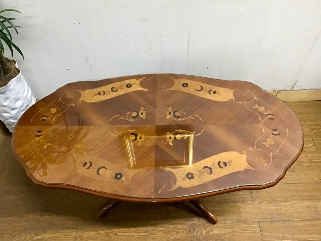 管289☆イタリア製☆アンティーク☆象嵌細工☆センターテーブル☆天板ガラス付き