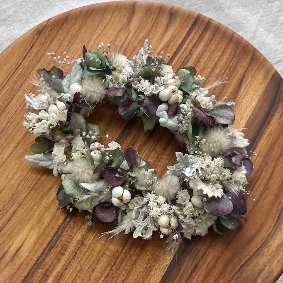 紫陽花とシロタエギクのミニオーバルリース