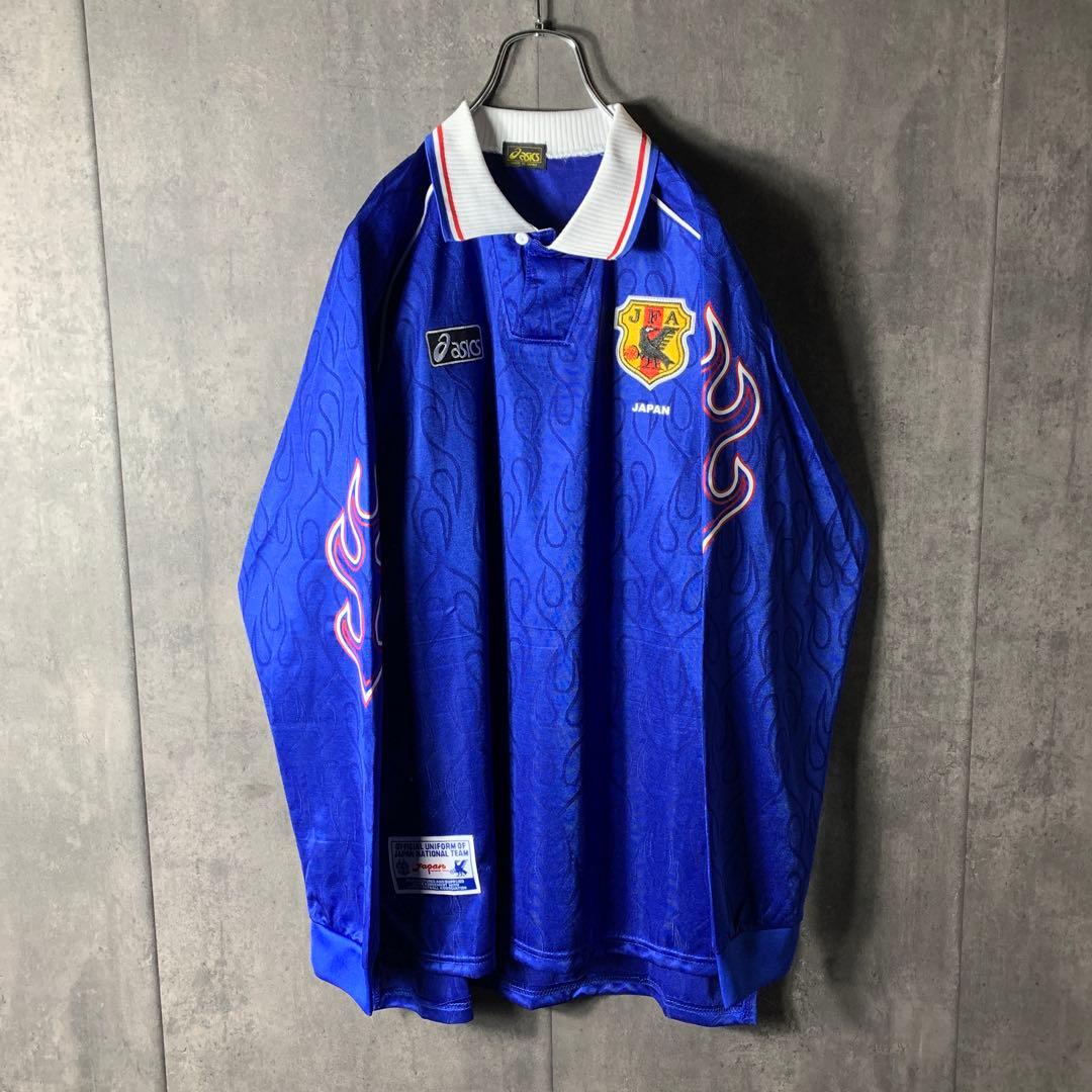 98年 サッカー 日本代表 ホーム 長袖 XL 炎 フランスW杯 ゲームシャツ