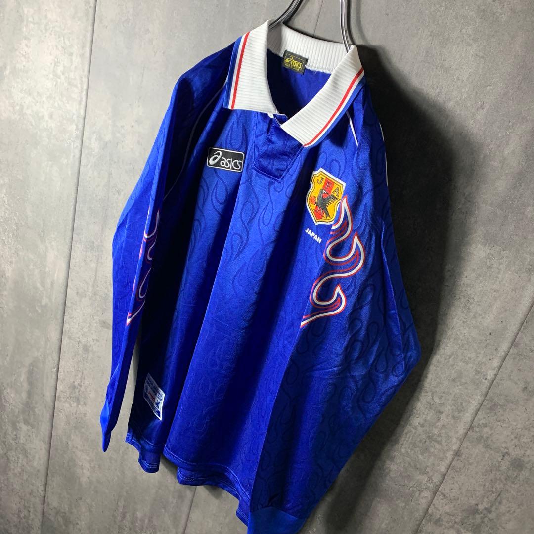 98年 サッカー 日本代表 ホーム 長袖 XL 炎 フランスW杯 ゲームシャツ