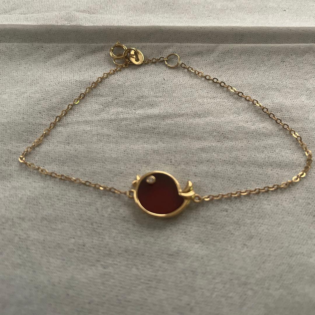 赤い幸せ鳥デザイン18kイエローゴールドブレスレット