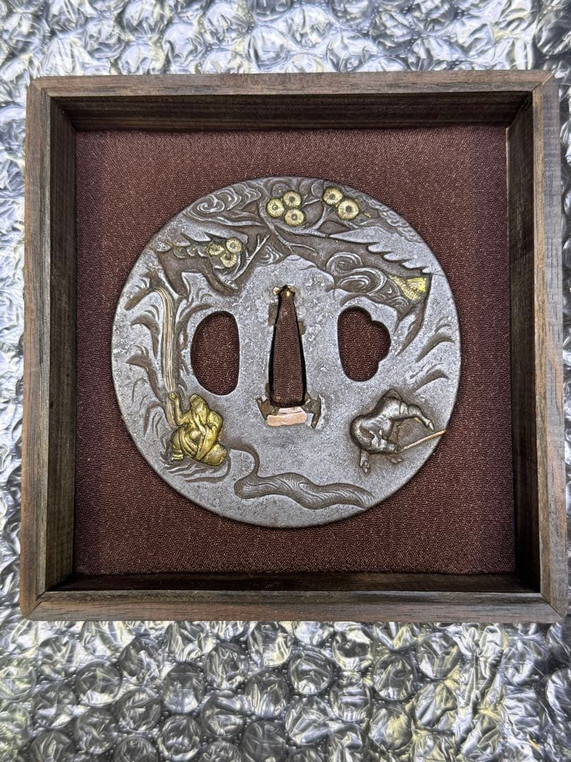 無銘　　金工金象嵌松下　牛引き　山水図鍔　透かし鐔　刀鐔　鍔