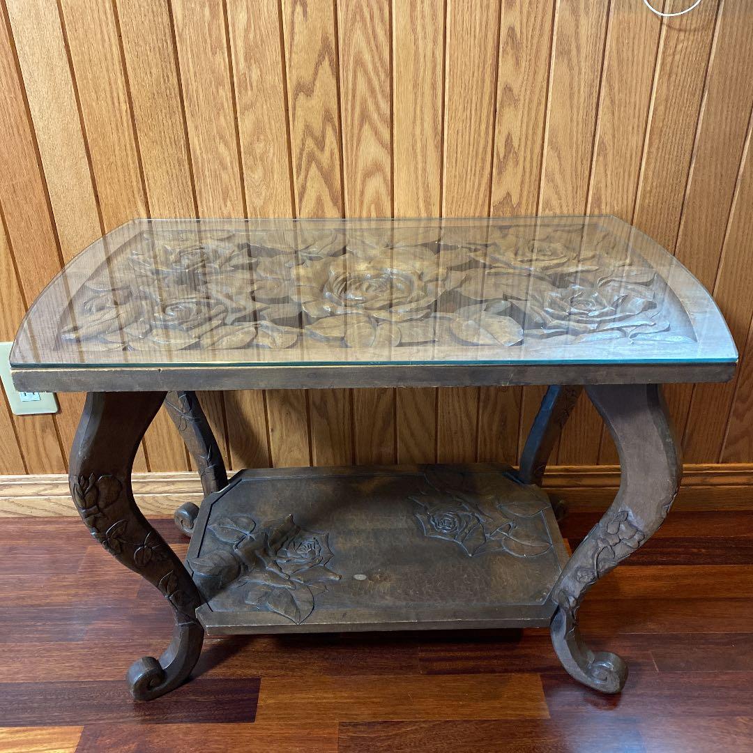 日光彫り、美しい薔薇のサイドテーブル、花台