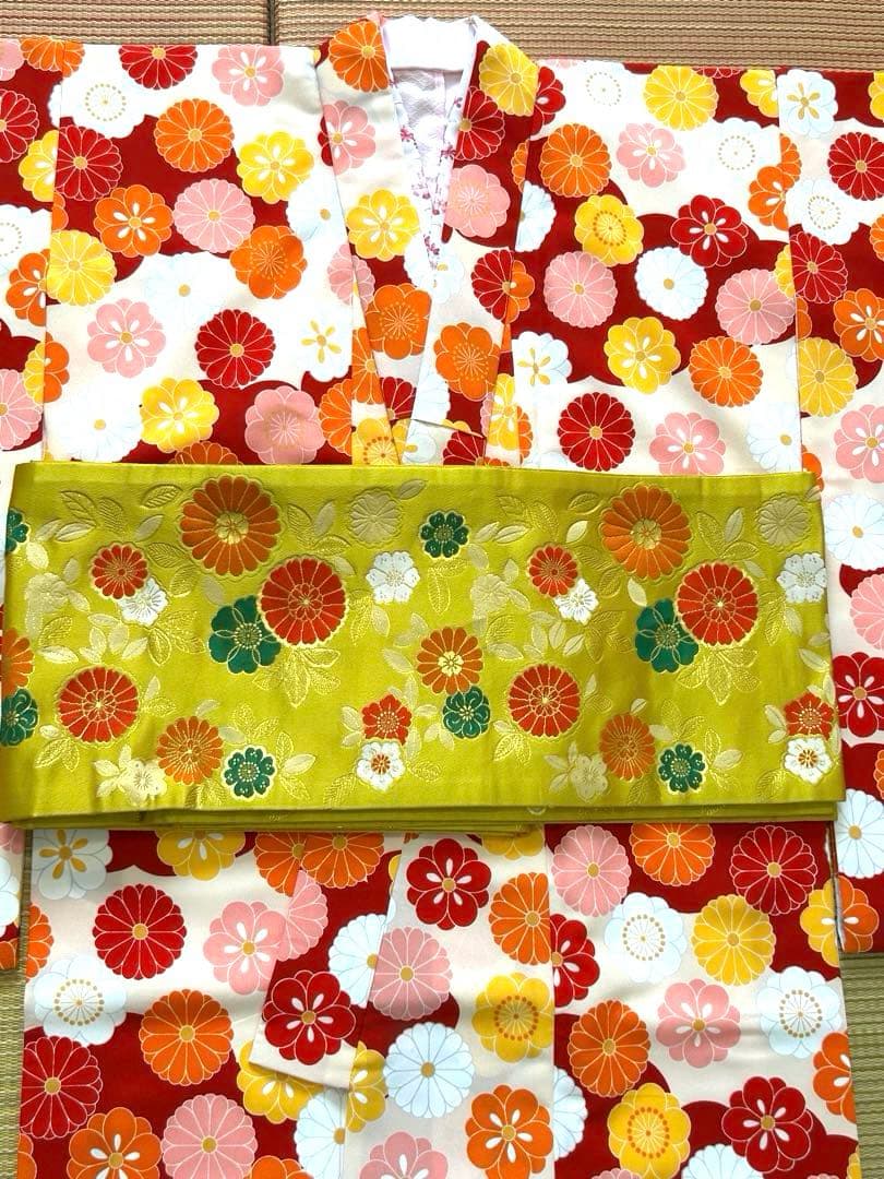 1/2成人花柄着物と緑色の帯