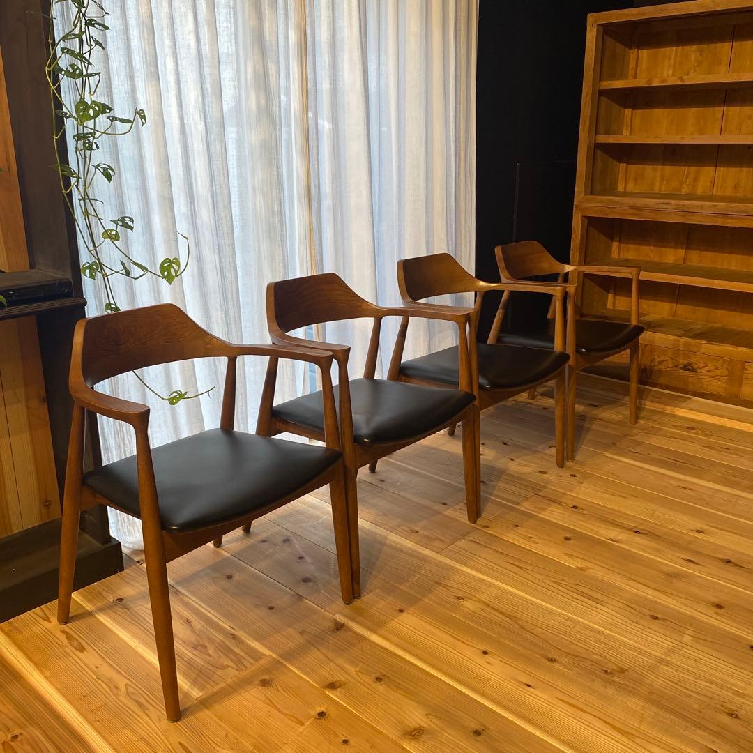 天然木　無垢材　アーム付きダイニングチェア　4脚セット