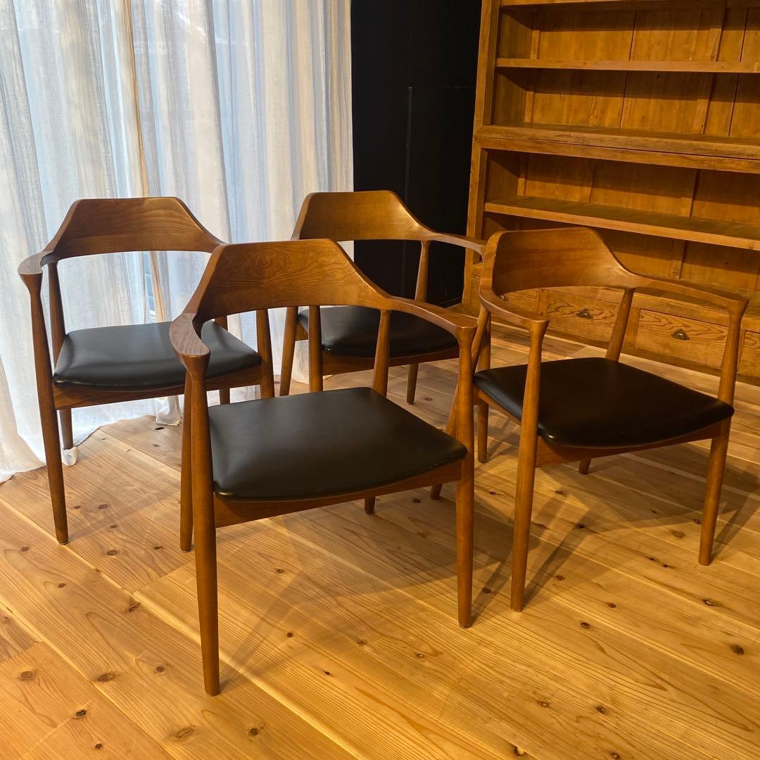 天然木　無垢材　アーム付きダイニングチェア　4脚セット