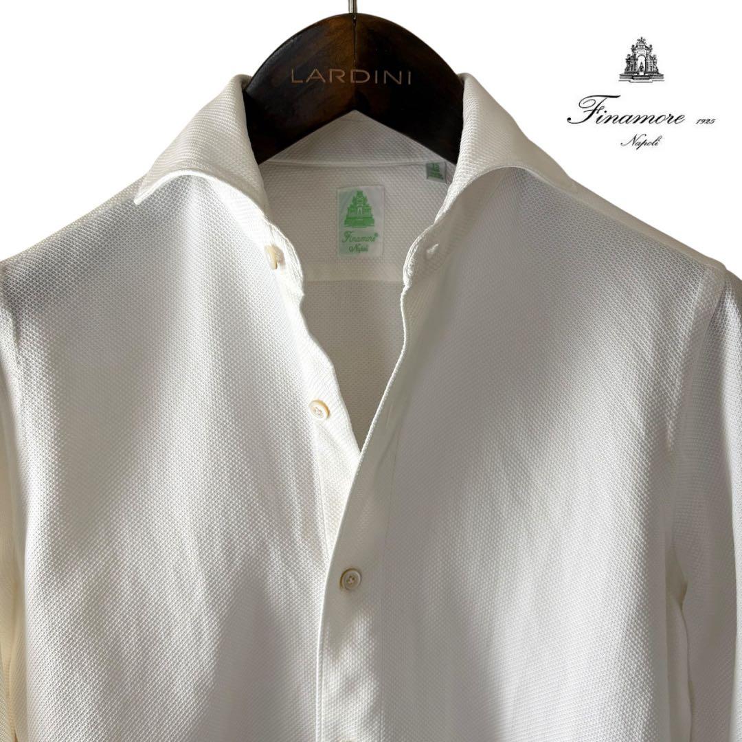 定番/Finamore/コットンワッフルシャツ/ホワイト