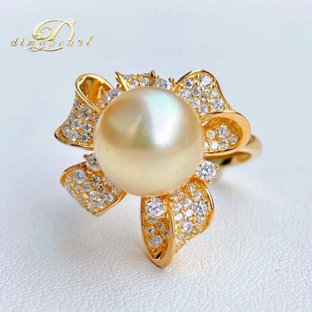 本真珠南洋白蝶真珠シャンパンゴールド11.37㍉s925リングY1049