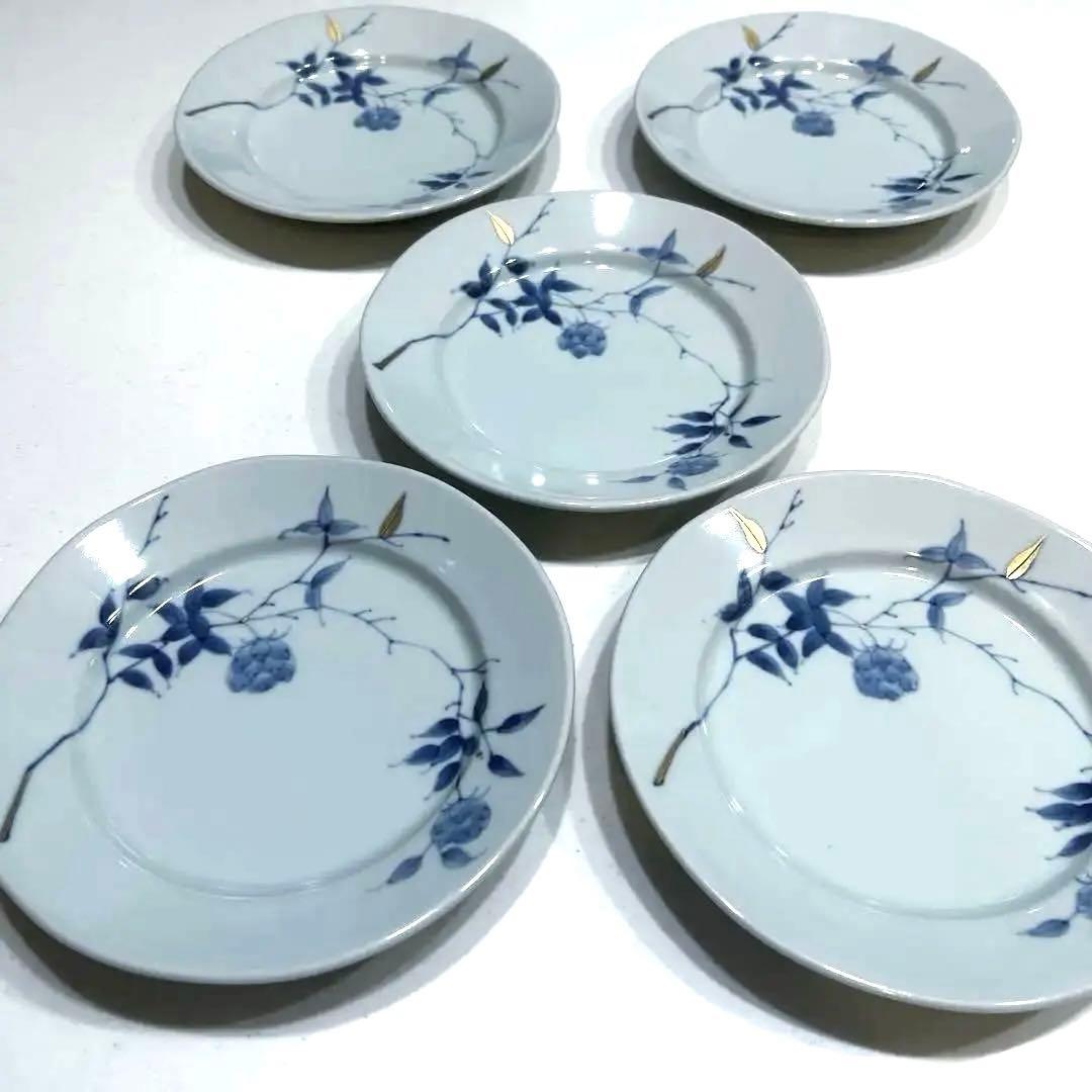 有田焼　福珠釜　古染金彩バラ絵　平皿5枚