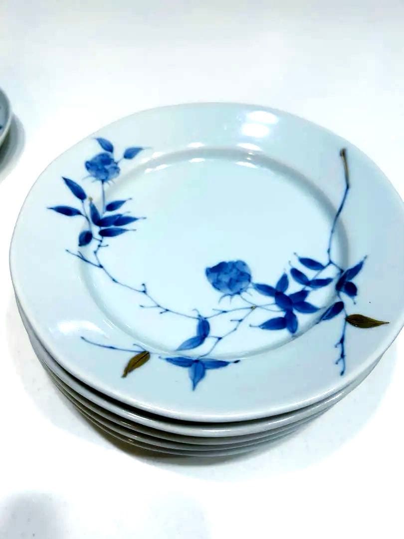 有田焼　福珠釜　古染金彩バラ絵　平皿5枚