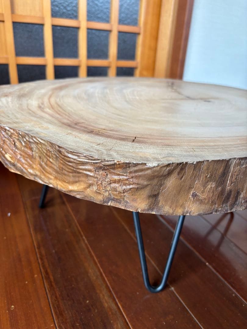 無垢材円形テーブル（ブラック脚） 丸太 サイドテーブル