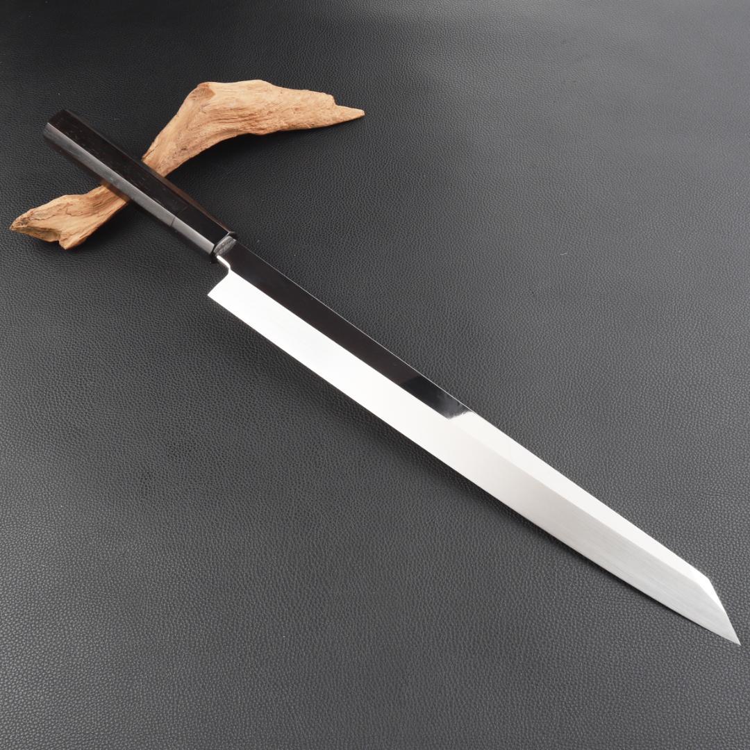 10825切付柳刃包丁 尺三刺身包丁鏡面仕上げ 刃は究極の切れ味黒檀黒水牛八角柄