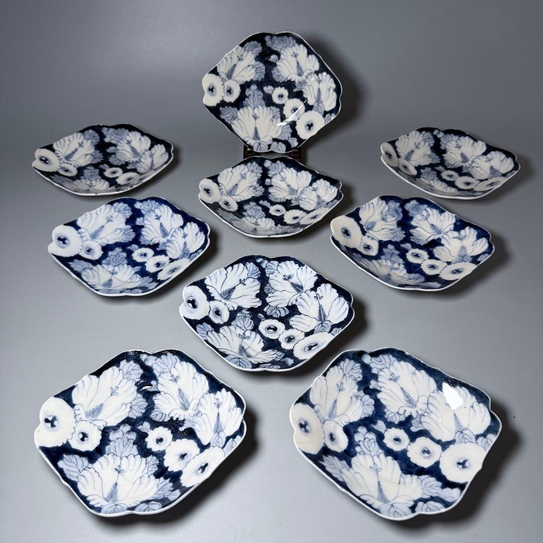 明治時代　アンティーク食器　染付花草文様　変形皿　9枚　古器を楽しむ