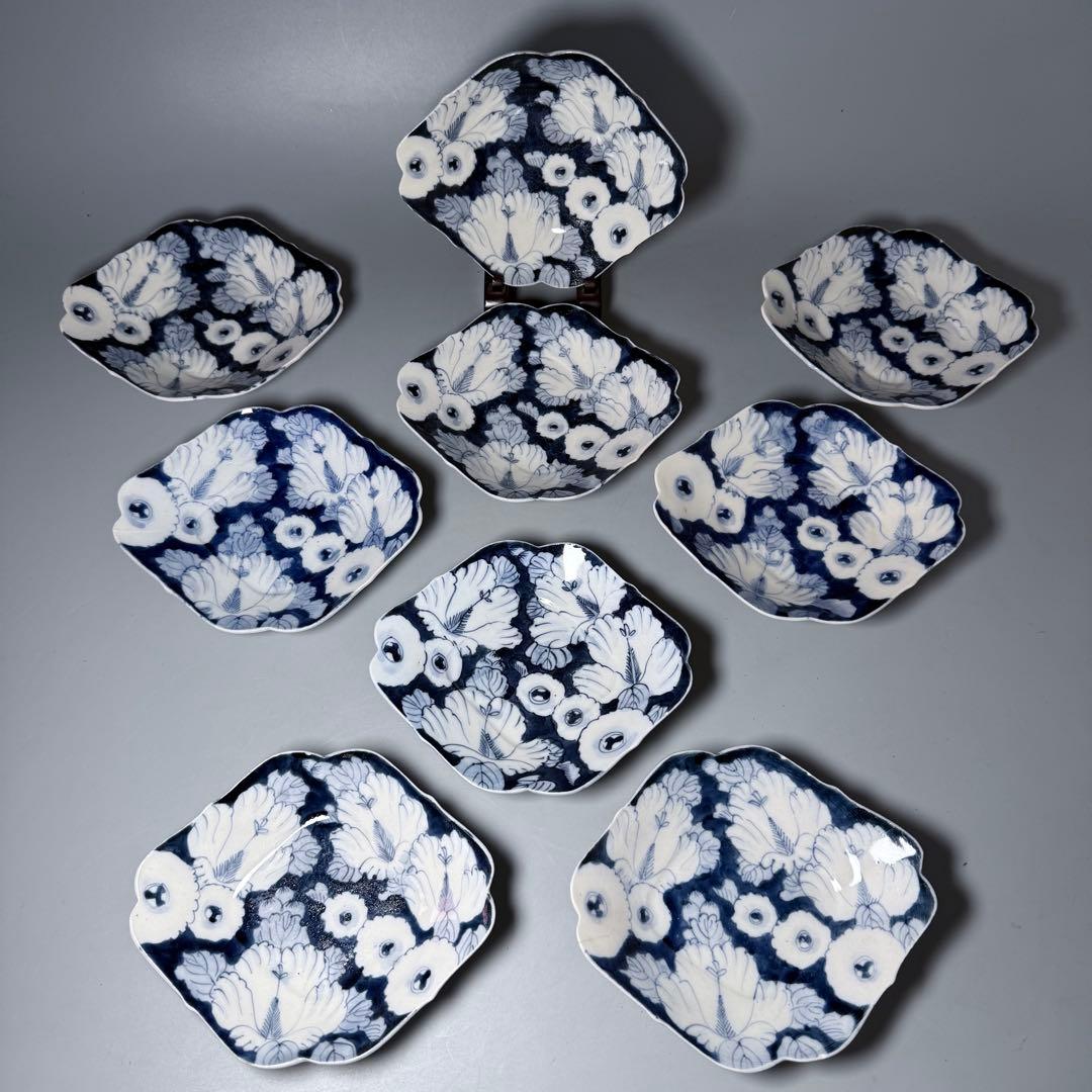 明治時代　アンティーク食器　染付花草文様　変形皿　9枚　古器を楽しむ