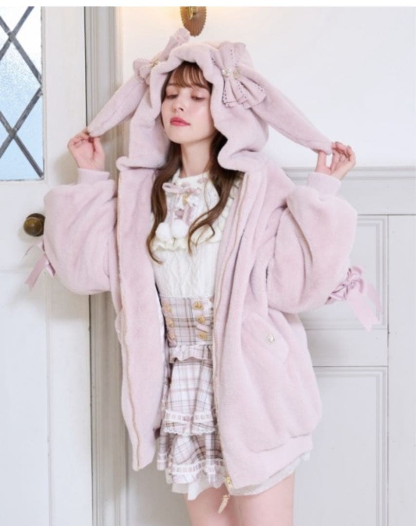 Lizlisa ウサギ耳付きフリースジャケット 薄いピンク