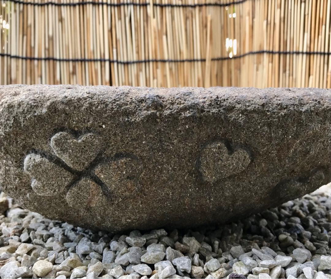 【天然石・舟型瓢箪水鉢・ハート模様】庭石オブジェ置物箱庭造園水石飾り石瓢箪ハート