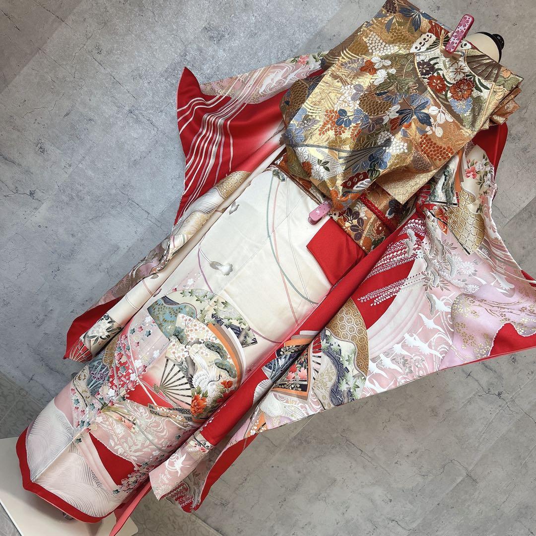 特価　振袖　フルセット　正絹　赤　古典柄　成人式