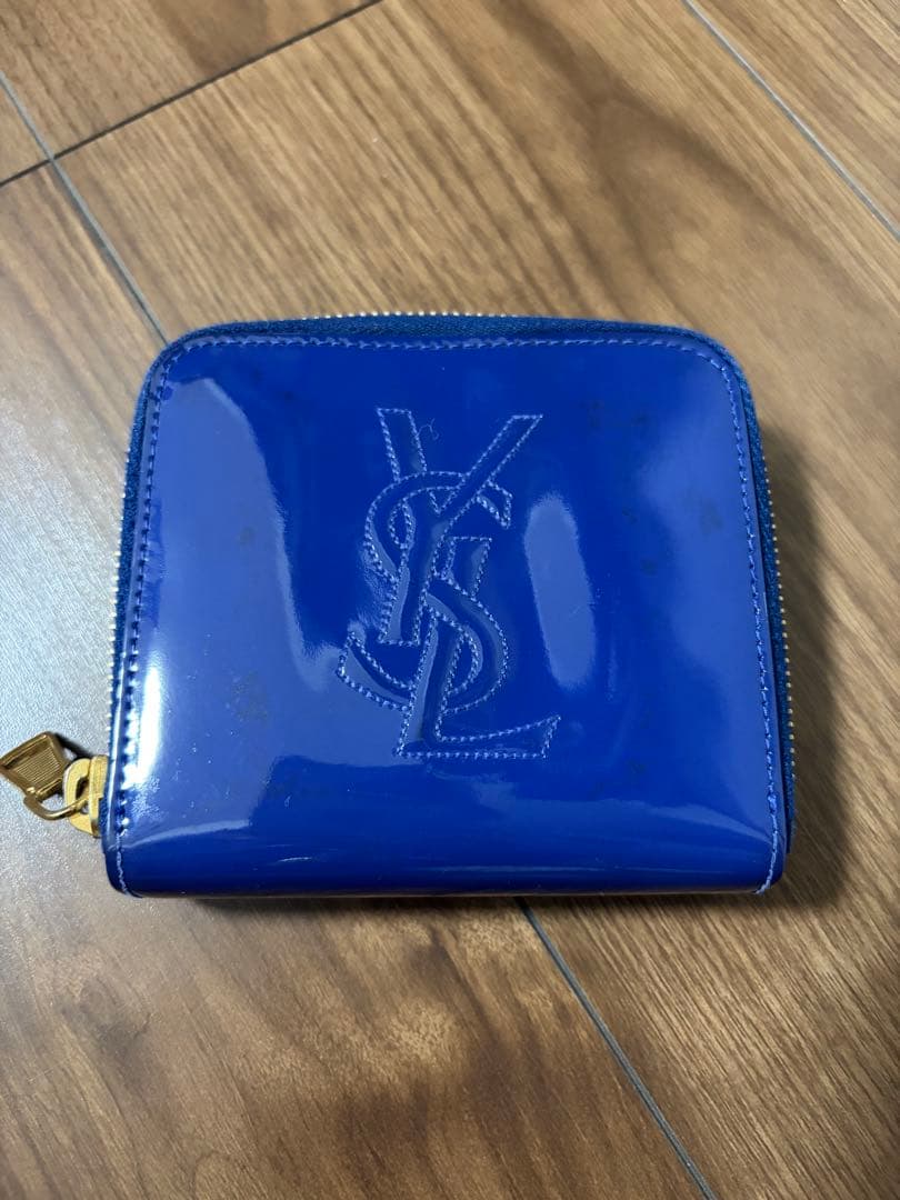 YSL サンローラン エナメル 二つ折り財布 ブルー
