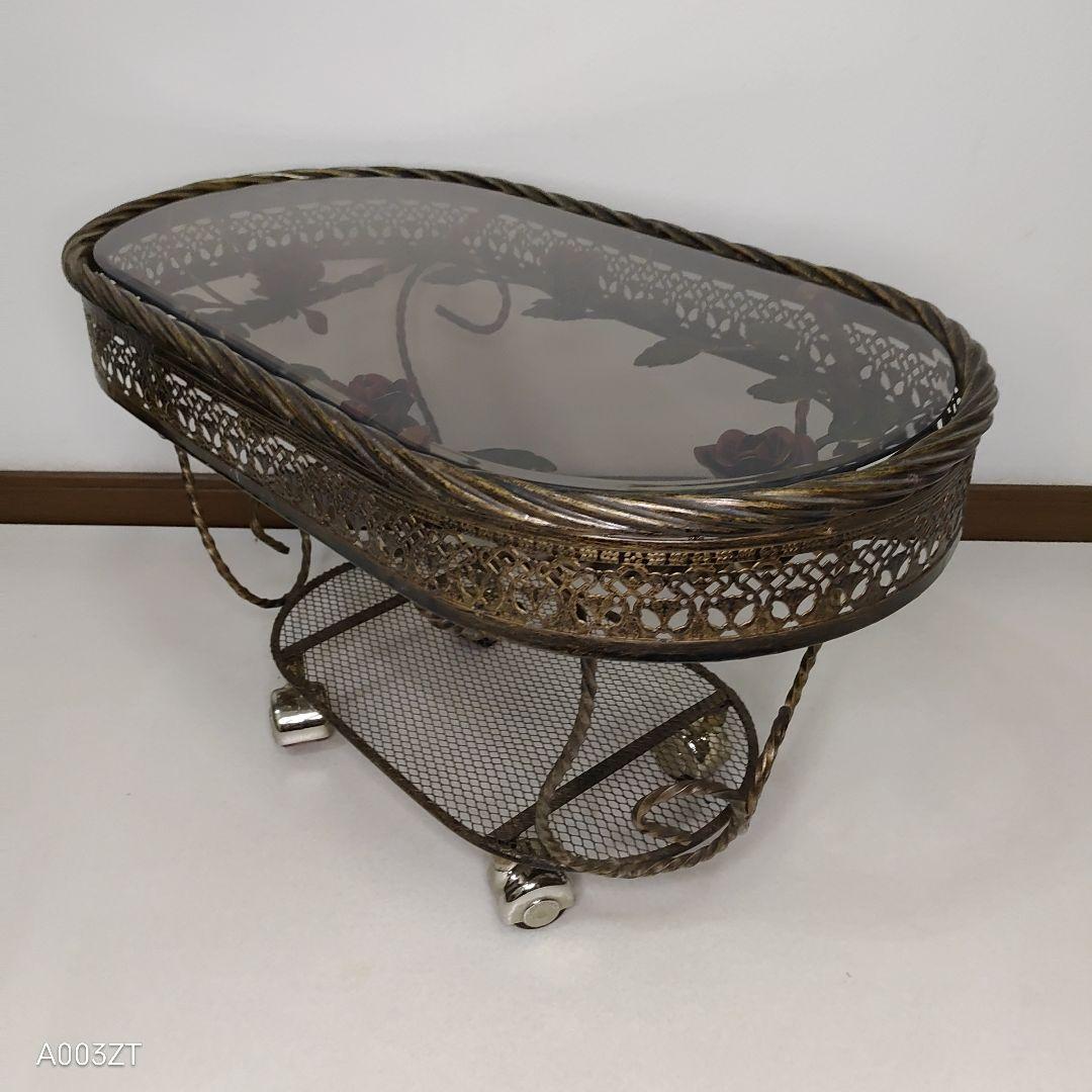 ガラステーブル 薔薇 サイドテーブル ゴールド キャスター付き