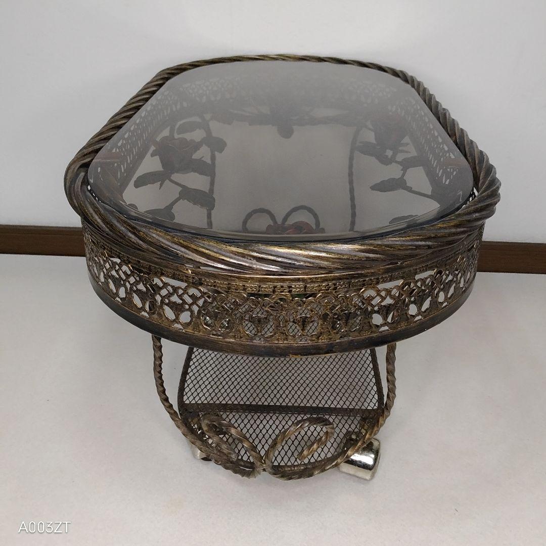 ガラステーブル 薔薇 サイドテーブル ゴールド キャスター付き