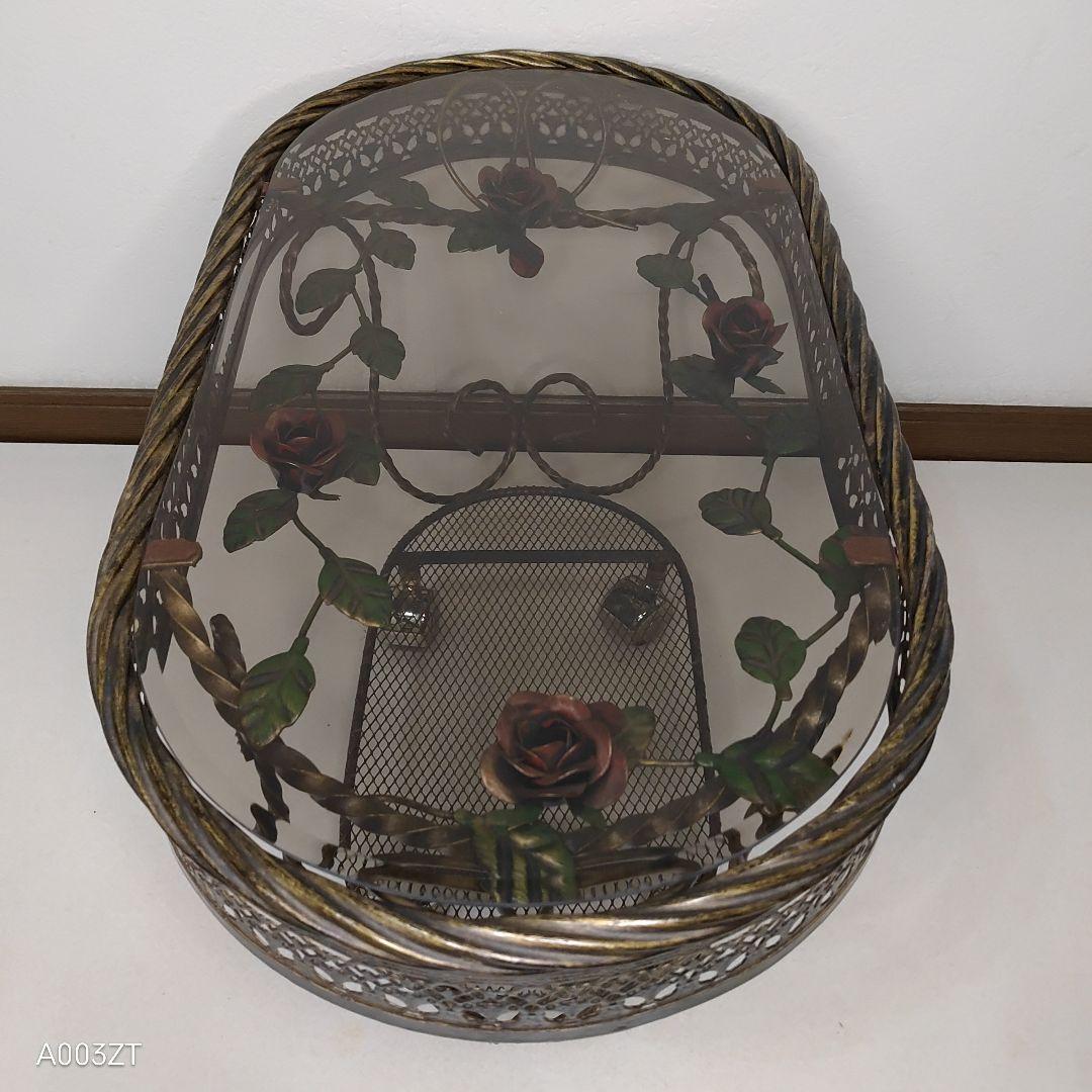 ガラステーブル 薔薇 サイドテーブル ゴールド キャスター付き