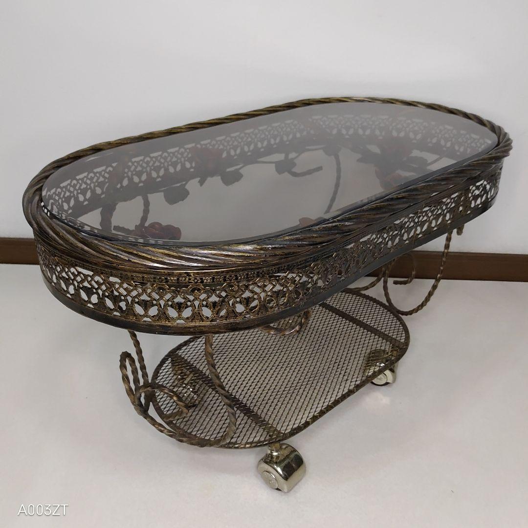 ガラステーブル 薔薇 サイドテーブル ゴールド キャスター付き